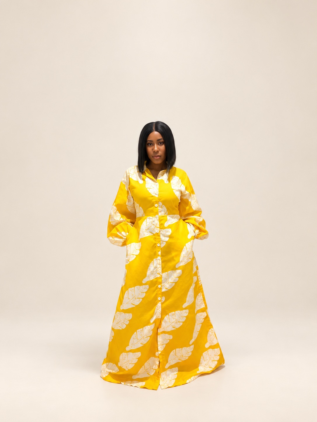 Button-front maxi shirt dress — Balloon sleeves, bright yellow cotton ankara