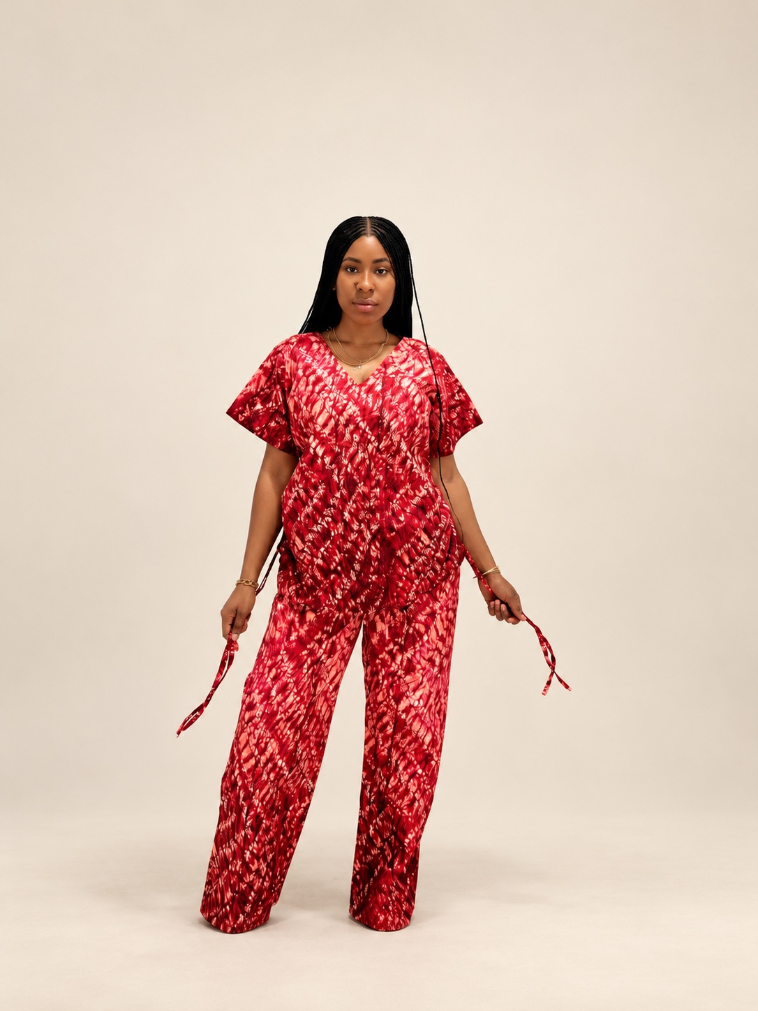 V-neck top and wide trouser — Satin-finish ankara