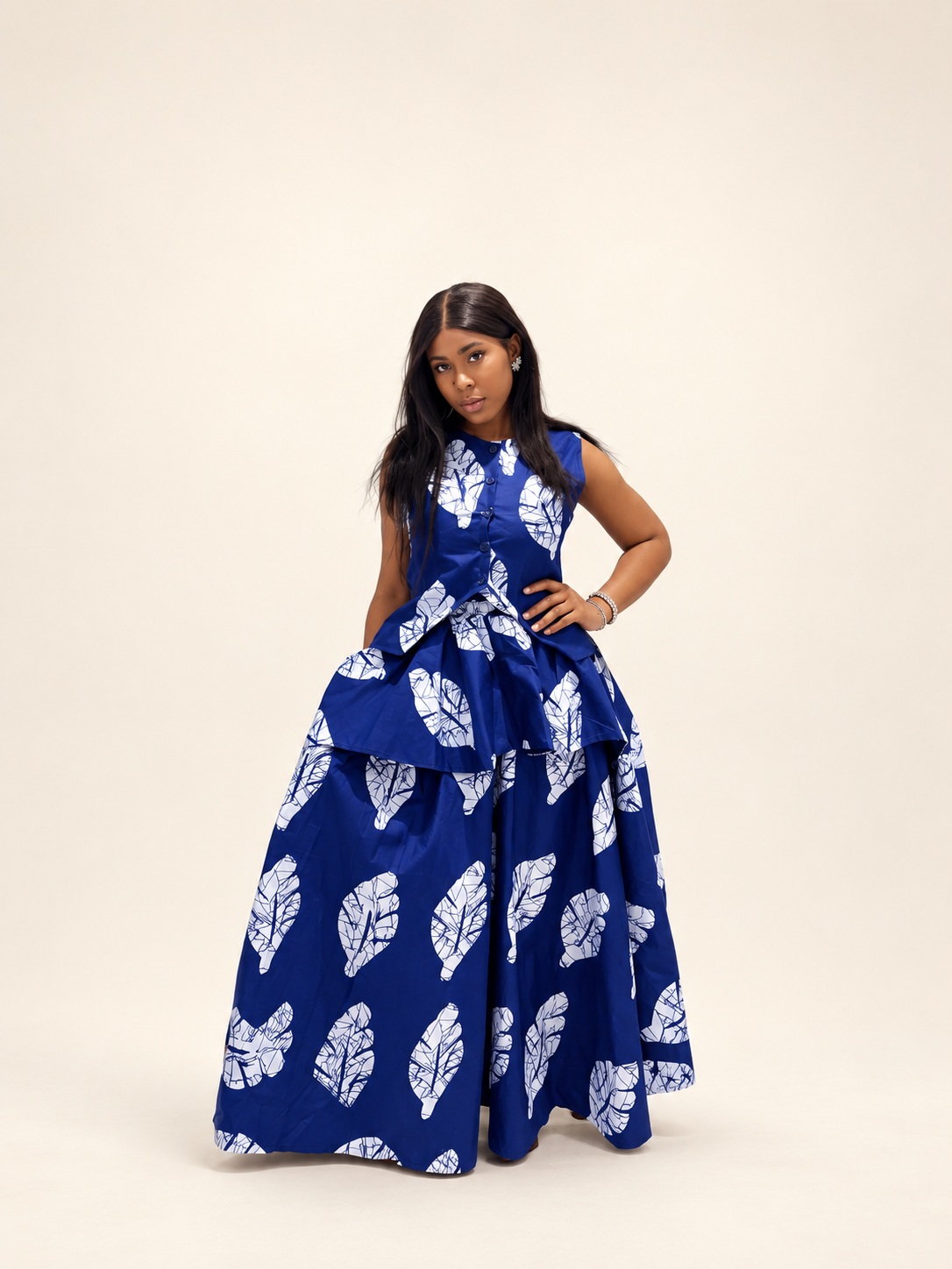 Button-front top and maxi skirt — Royal blue ankara, white leaf-skeleton print