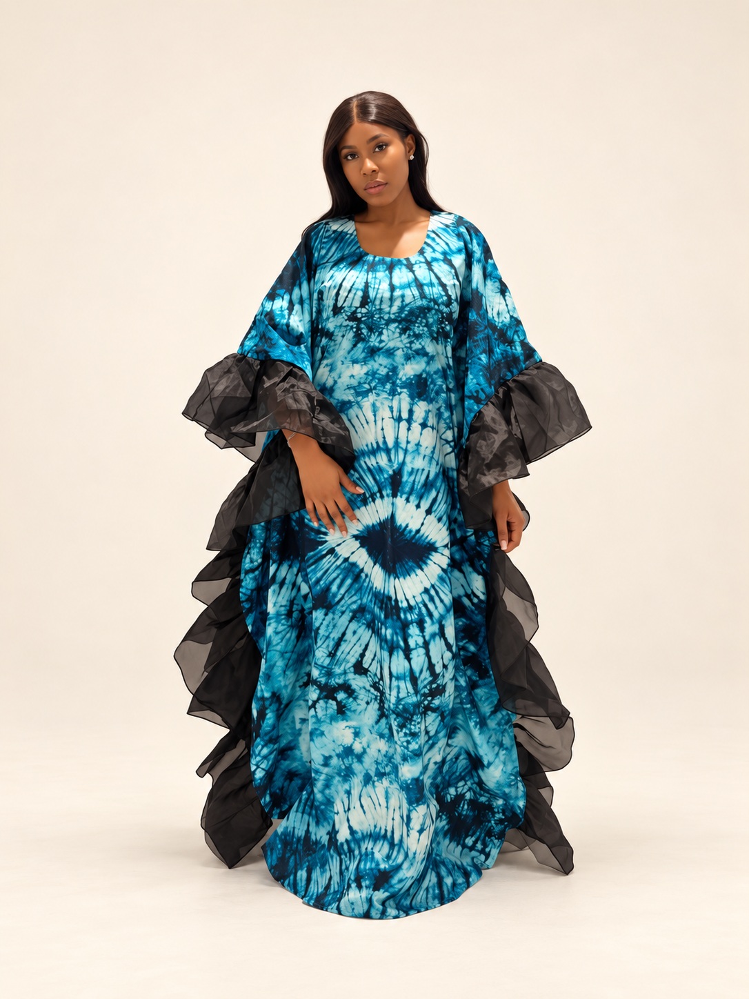 Kaftan — Blue tie-dye with black organza ruffles